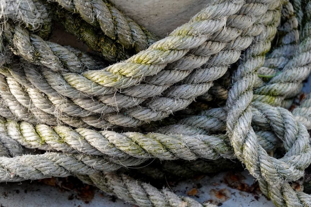 Detailed close-up of an old, moss-covered rope. Ideal for nautical themes.