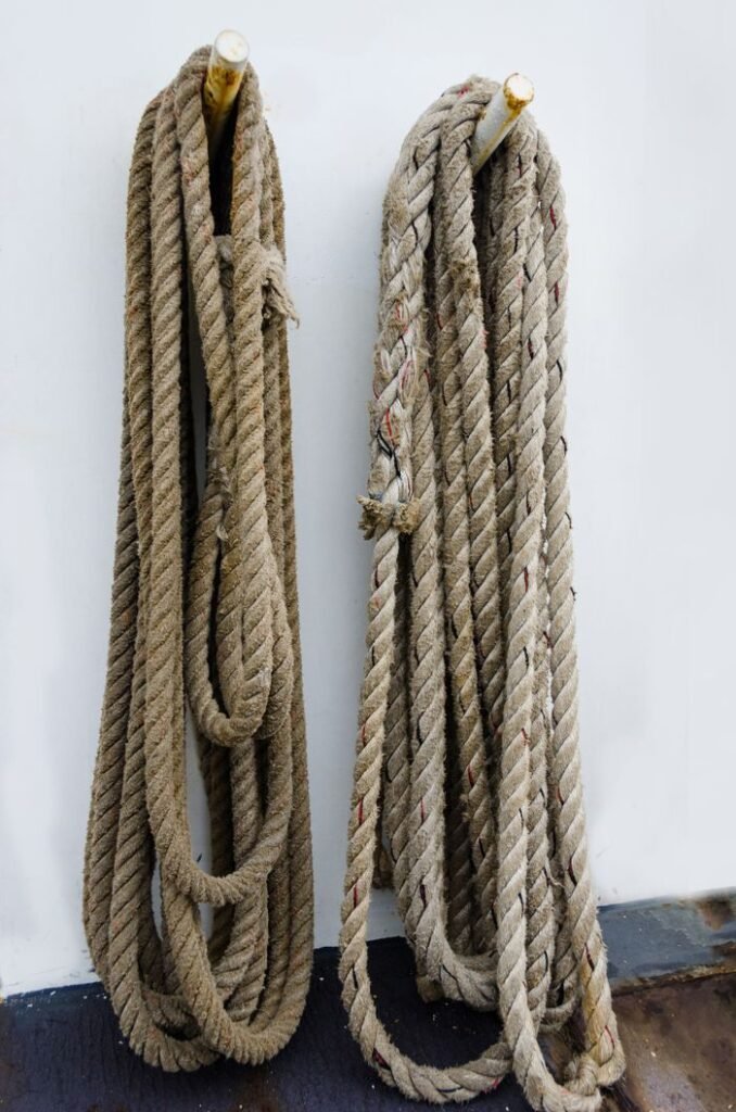 Two thick brown ropes neatly coiled and hanging on a white background.